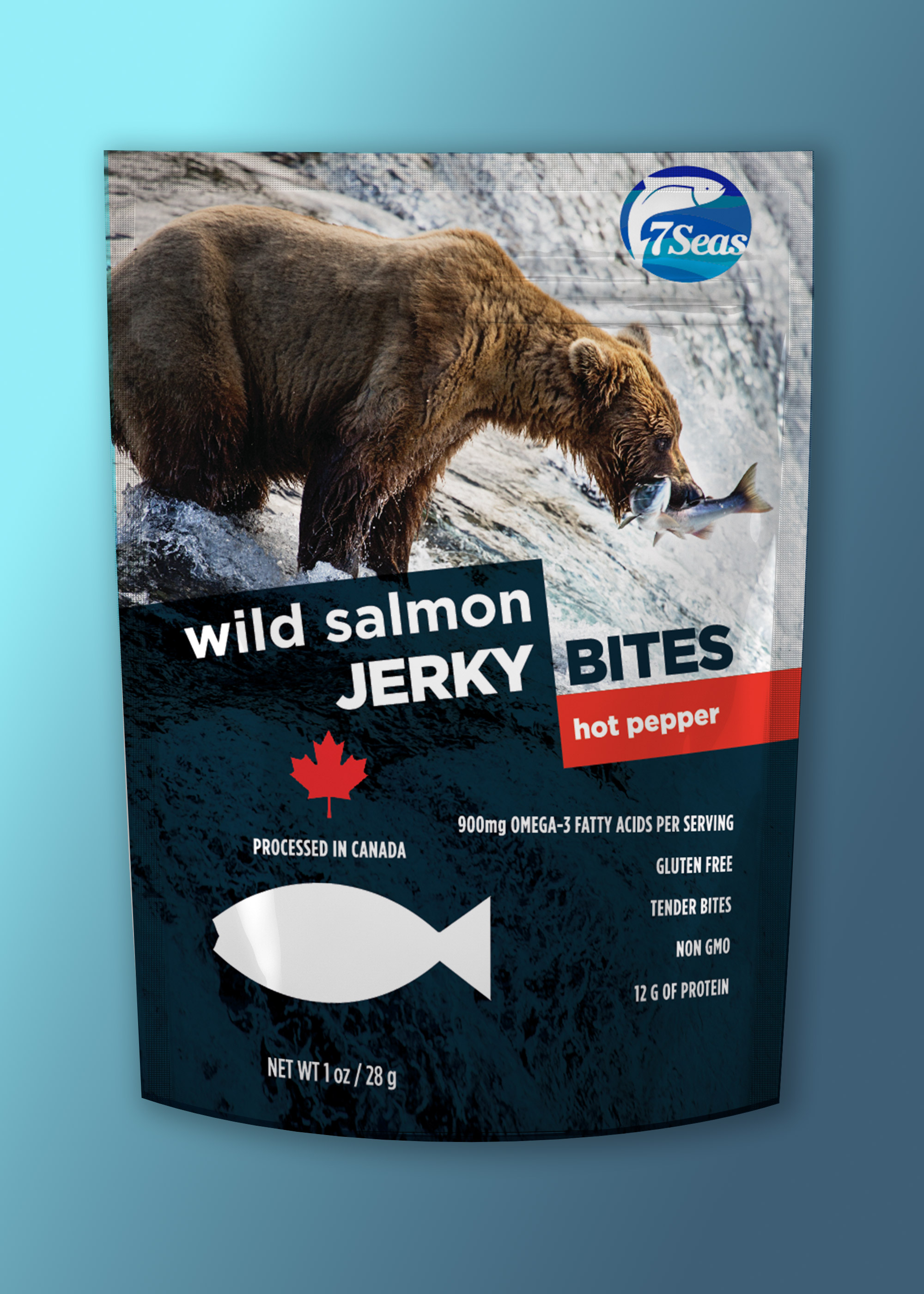 7 Seas Wild Salmon Jerky Hot Pepper flavor bag packaging