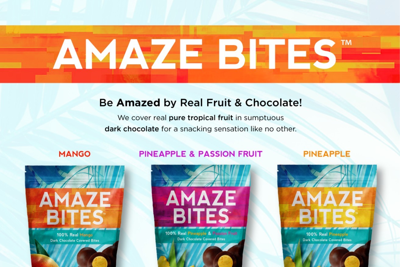 Amaze Bites product lineup showing Mango, Pineapple & Passion Fruit, and Pineapple flavors