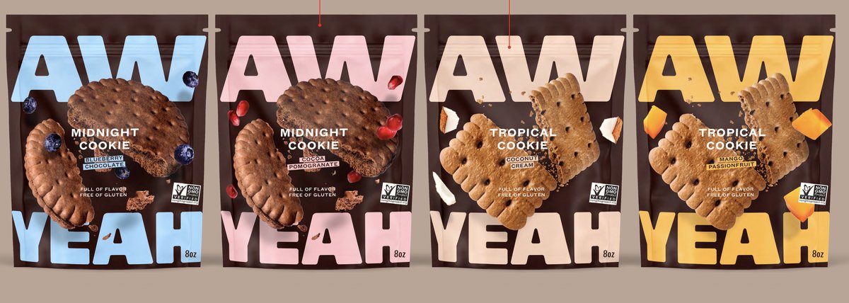 Aw Yeah snack cookie packaging lineup with bold typography