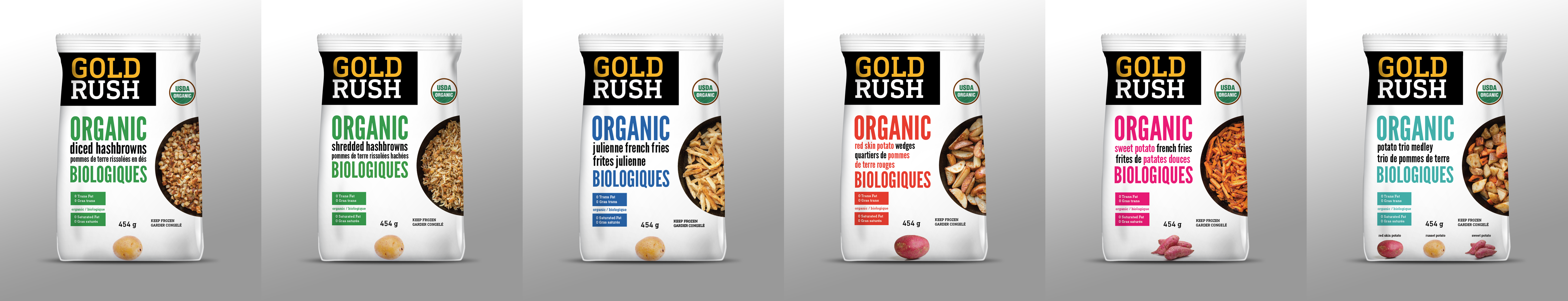 Gold Rush Organic potato products full packaging lineup including hashbrowns, french fries, and sweet potato varieties