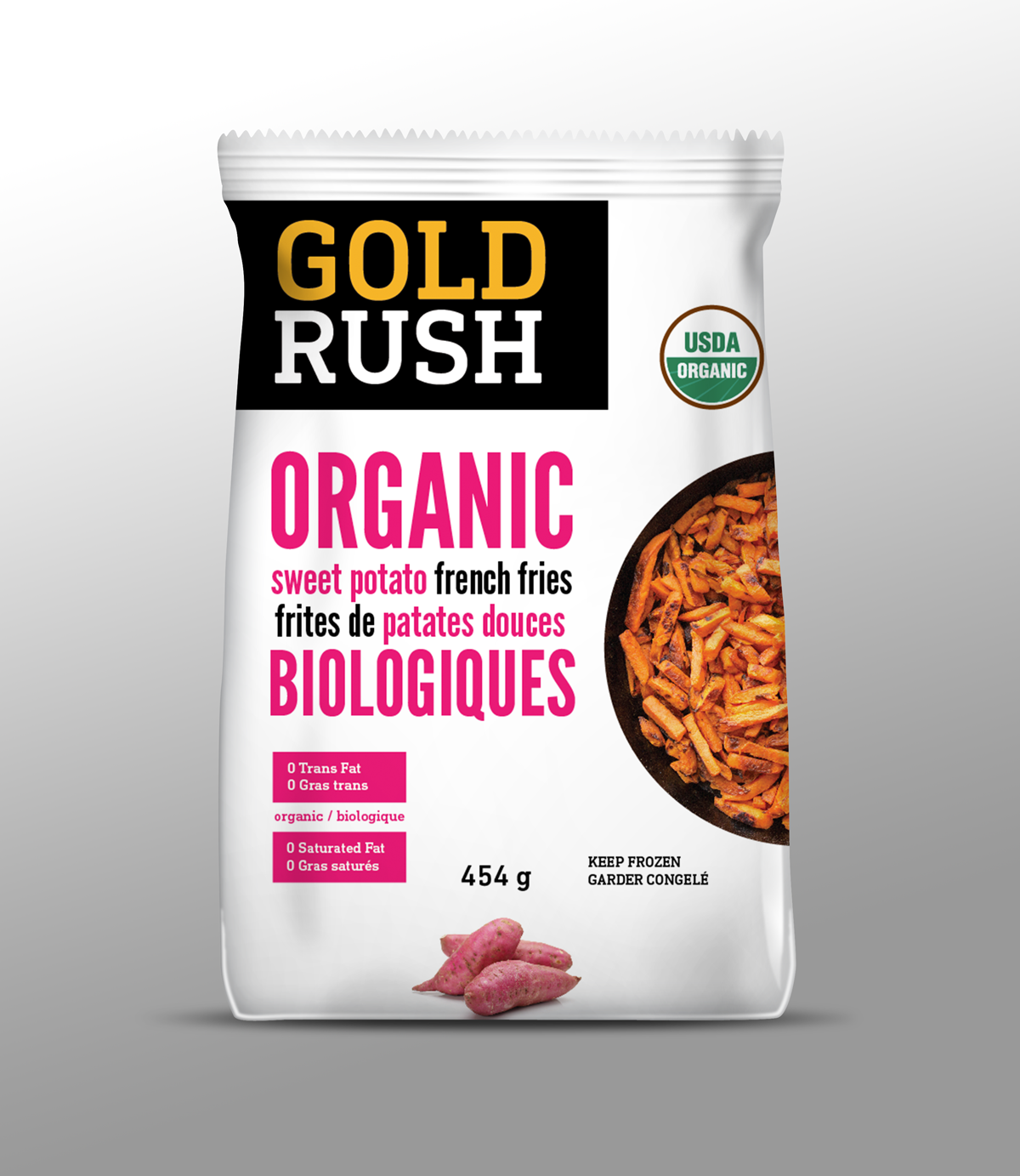 Gold Rush Organic sweet potato fries packaging