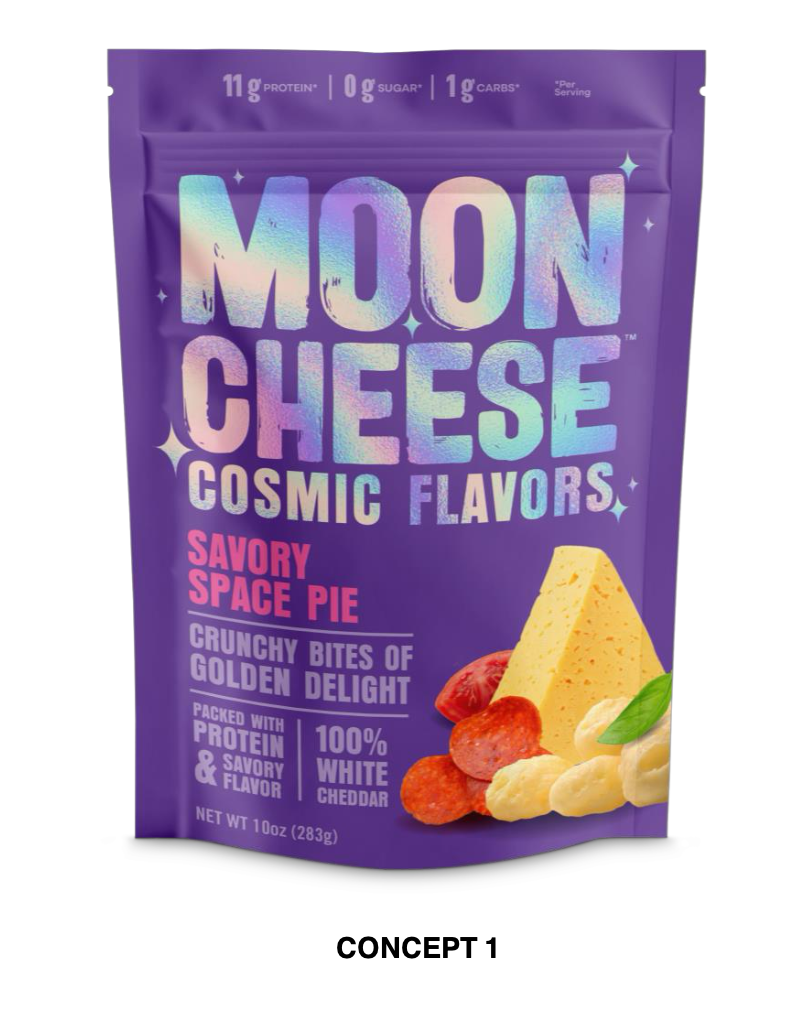 Early Moon Cheese Cosmic Flavors concept in purple with Savory Space Pie flavor