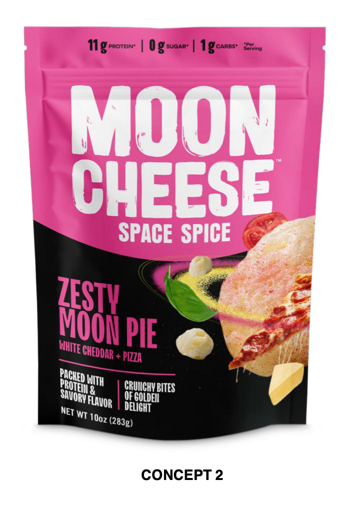 Moon Cheese Space Spice Zesty Moon Pie concept in pink packaging