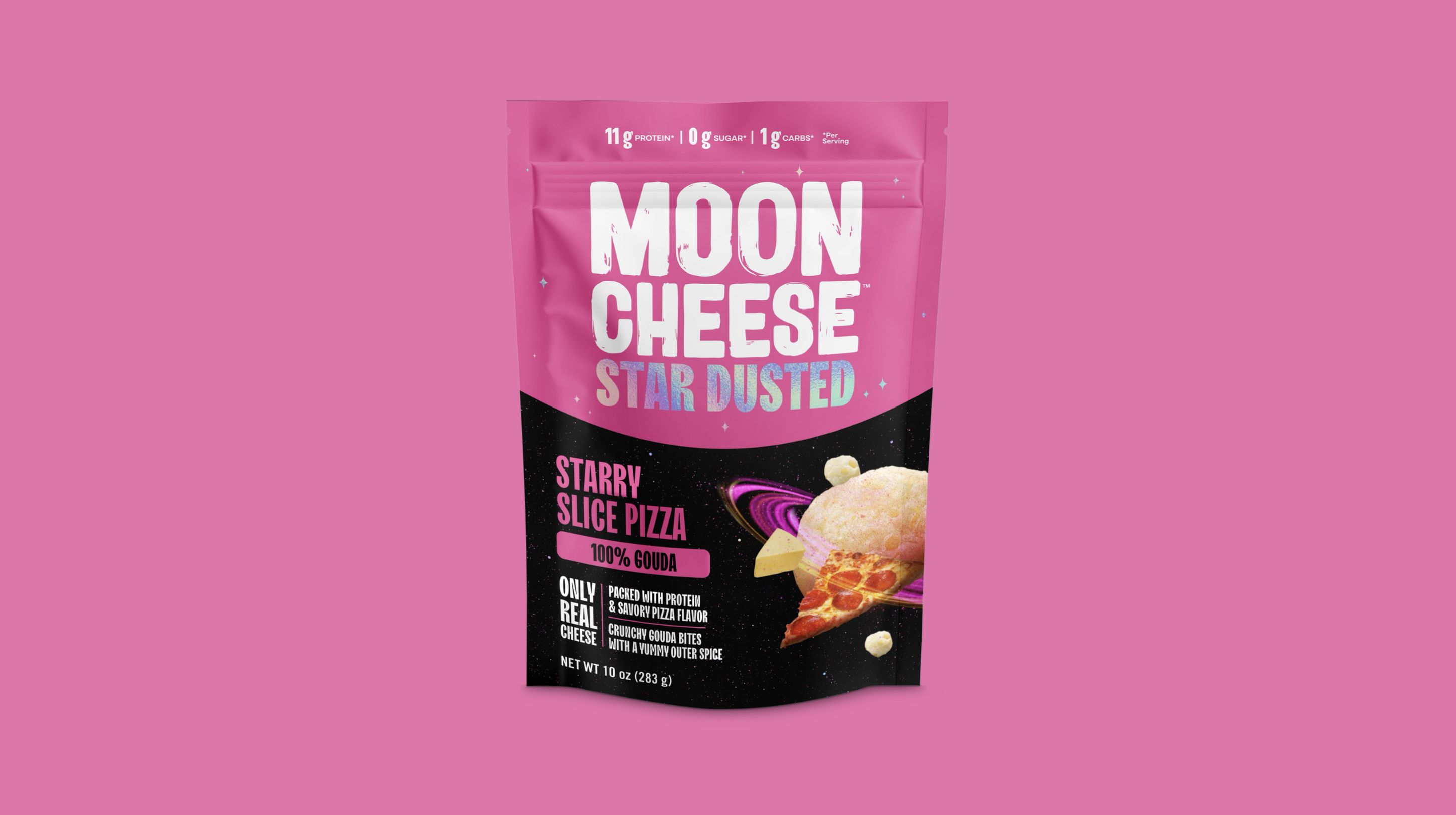 Final Moon Cheese Star Dusted Starry Slice Pizza packaging in pink